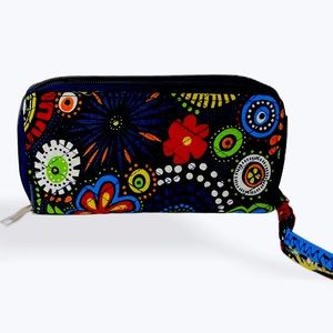 LADIES Navy Blue Floral Colorful Quilted Zippered Wallet with Wrist Strap